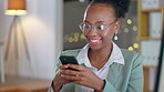 Black woman, business and phone laughing for funny joke, meme or chatting at night by the office. Happy African American female employee typing on smartphone with laugh for social media at workplace