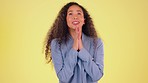 Anxiety, hope and black woman with hands for prayer hopeful for success, winning and good news. Emoji, anxious and face of isolated girl with palms together praying for opportunity or luck in studio