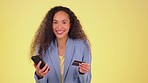 Black woman, smartphone and credit card with ecommerce and online shopping with payment success on yellow studio background. Internet banking, fintech and mockup, happy female and yes for bank app