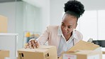 Black woman, logistics and inspection on boxes with clipboard for delivery, supply chain or inventory at office. Happy African female small business owner checking cargo or pricing products on shelf