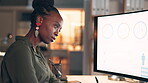 Computer graphs, thinking and black woman writing in office at night working on research, statistics and data planning. Reading, business and female with analytics, marketing or charts with notebook.