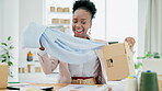 Black woman, logistics and unpacking box in ecommerce of b2b delivery, garment or clothing material. Happy African female small business consumer of cargo with smile for fabric quality or fashion