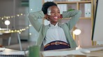 Success, done and black woman relax in office after online protect on a computer, satisfied and smile. Happy, stretching and female corporate employee proud of management, efficiency and productivity