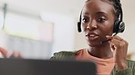 Black woman, face and call center, contact us and talk with client, help and advice, CRM and laptop. Headset with mic, communication and customer service with telemarketing, conversation and female