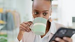 Social media, laughing and black woman with a phone and coffee for a chat, meme or message. Happy, funny and African employee drinking tea while reading communication on a mobile app at work