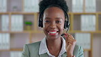 Black woman, call center and face with smile for telemarketing, customer service or support at office. Portrait of happy African female consultant smiling with headset for marketing, help or advice