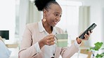 Social media, break and black woman with a phone and coffee for a chat, meme or message. Happy, funny and laughing African employee drinking tea while reading communication on a mobile app at work