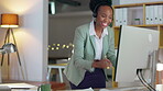 Black woman, call center and consulting on computer at night for telemarketing, customer service or PC support. Friendly African female consultant talking on headset for help, advice or communication