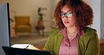 Business woman, night work and computer typing of a employee working overtime with focus. Corporate worker, technology and laptop of a female fintech analyst in the dark reading financial data