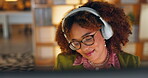 Worker, music or headphones in night office for deadline, task or project management help in startup planning on computer. Smile, woman or working late employee listening to radio, audio or podcast