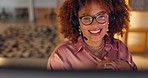 Conversation, service and black woman in a call center at night for support, consulting and help on a pc. Happy, communication and online consultant speaking while giving advice on a helpline