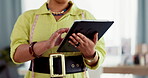 Hands, tablet and fashion designer woman in store working on research, internet browsing or email. Technology, boutique and creative female with touchscreen for online clothing designs in workshop.