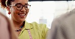 Fashion, store and female shopping at a clothing boutique in the city while on holiday or adventure. Happy, smile and woman from Brazil choosing an outfit in a retail clothes shop in town on vacation