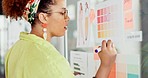 Fashion, agenda and black woman planning, small business or idea for new project, orders or design for clothes. Female entrepreneur, creative or designer in boutique, goals or brainstorming in office