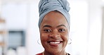 Happy, smile and face of business woman in office standing with confidence and leadership. Happiness, excited and portrait of professional African female employee with positive mindset in workplace.