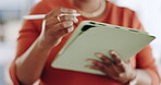 Woman, hands and tablet writing inventory checklist in fashion boutique for marketing, stock or quality check at office. Hand of female working on touchscreen, mobile app or strategy at the workplace