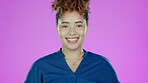 Happy, smile and face of black woman in studio for positive, confident and empowerment. Happiness, proud and excited with portrait of girl on pink background for cheerful, joyful and natural