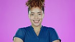 Black woman, face and smile of a young person with arms crossed in a studio. Isolated, pink background and happiness of a African female smiling with joy feeling proud and ready for business work