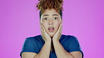 Face, shock and surprise of black woman in studio isolated on a purple background. Confused, wow emoji and female model with fear, worry or anxiety, wtf and omg reaction after bad news or crisis.