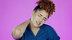 Neck pain, black woman and burnout of a young person with fatigue and ache. Isolated, pink background and studio with a African female feeling uncomfortable from joint strain and muscle injury