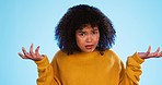 Face, confused and unsure black woman in studio, pensive and dont know gesture on blue background. Doubt, portrait and girl with decision, why or emoji on mockup, product placement or isolated