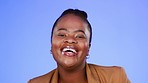 Black woman, laughing and face of a business female with happiness and smile in a studio. Isolated, blue background and model employee feeling happy from a positive funny joke ready for working