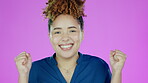 Face, winner and celebration of excited black woman in studio isolated on a purple background. Success portrait, achievement and happy female model celebrate after winning lottery, prize or good news