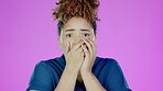 Surprise, shock and confused with black woman in studio for omg, worried and announcement. Gossip, fear and secret with girl hearing news isolated on pink background for alarm, scared and no way