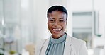 Face, business and black woman with smile, success and confident ceo in workplace, advertising agency and startup company. Portrait, African female employee and manager with happiness and motivation