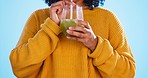 Health juice, black woman and healthy green smoothie of a person drinking weight loss drink. Mockup, studio background and female with vegetable, nutrition and detox shake for nutritionist wellness