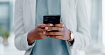 Black woman, hands and phone texting in business for communication, social media or chatting at the office. Hand of African American female typing on smartphone or mobile app for research or chat