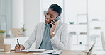 Black woman, phone call and writing in book consulting for financial advice, conversation or communication at office. Happy African female accountant talking on smartphone checking data on computer