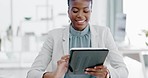 Black woman, tablet and smile for social media, browsing or business research at the office desk. Happy African female working on touchscreen scrolling and smiling for networking or digital marketing