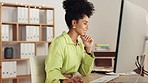 Happy business woman thinking on computer at night for website research, online pc planning and strategy ideas. Female office worker, desktop technology and smile while working late with motivation