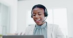 Black woman, call center and consulting on laptop for telemarketing, customer service or desktop support. Friendly African female consultant talking on headset for help, advice or communication