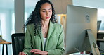 Concentration, search and computer with black woman in office for email, planning, and online news at night. Browsing, focus and administration with employee for professional, expert and proposal