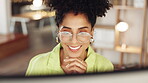 Face, happy woman and glasses on computer in night business for online research, planning or strategy ideas. Female worker, desktop technology and smile while working late with motivation on internet