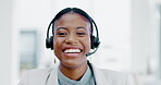 Black woman, call center and face with smile consulting in telemarketing, customer service or support. Portrait of happy African female consultant agent with headset for help, advice or communication