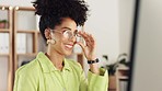 Happy, woman and glasses on computer in night business for online research, planning or strategy ideas. Female worker, desktop technology and smile while working late in startup, company and office