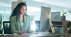 Typing, search and computer with black woman in office for email, planning, and online news at night. Browsing, focus and administration with employee reading for professional, expert and proposal