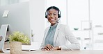 Black woman, call center and smile on computer in telemarketing, customer service or support. Portrait of happy African American female consultant agent with headset for help or advice at office desk