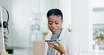 Black woman, hands and phone call or business voice note for communication or consultation at office desk. Hand of African American female typing on keyboard and smartphone recording at the workplace