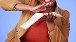 Woman throw cash from hands isolated on a blue background for spending, wealth and financial freedom. Happy or excited african person with money rain for bonus, cashback or lottery winning in studio