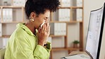 Woman, tissue and blowing nose in business for allergies, sickness and cold virus at night. Sick female employee, flu and sneeze from allergy, health risk and medical sinusitis disease at computer 