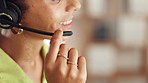 Call center, mouth and woman talking on headset for customer service, crm or help desk in office. Closeup face of agent, telemarketing consultant and contact of telecom, sales consulting or questions