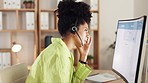 Black woman, call center and computer screen in frustration with difficult customer service or desktop support at office. Frustrated African female consulting on PC display for online web navigation