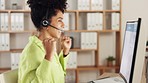 Black woman, call center and celebration on computer screen for winning, sale or success at the office desk. Happy and excited African female consultant on PC display for win, victory or achievement