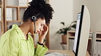 Black woman, call center and headache by computer screen in burnout, stress or suffering strain at office. Stressed or tired African American female consultant touching painful head by PC display