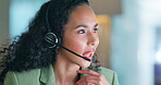 Advice, call center and night with black woman in office for customer service, technical support or hotline. Contact us, communication and advisory with employee talking for sale, crm or overtime