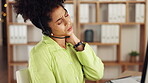 Black woman, call center and neck pain by computer in stress, burnout or suffering strain at office. Stressed or tired African American female consultant touching painful or tensed muscle by PC